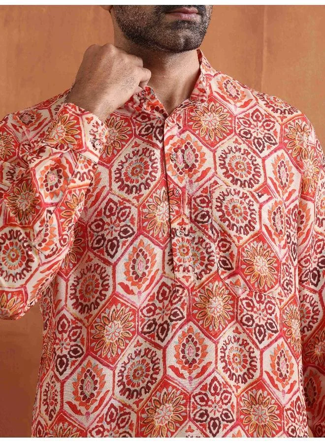 ترو برونز Men's Beige Printed Short Kurta