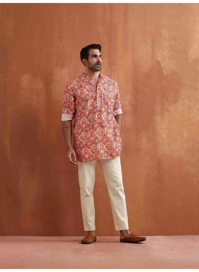 trueBrowns Men's Beige Printed Short Kurta