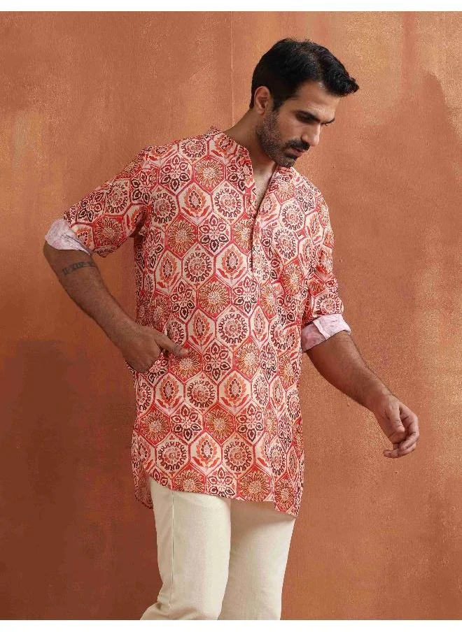 ترو برونز Men's Beige Printed Short Kurta