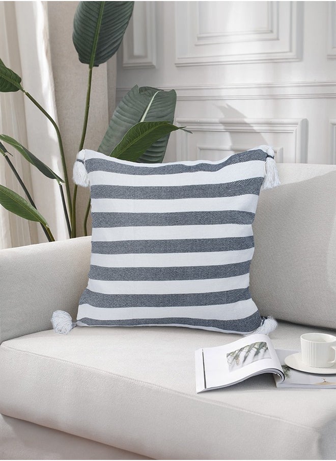 N & H Jute and Cotton Woven Square Shaped Cushion with Tassle 16 x 16 inches for Living Room Sofa (Striped Pattern, Grey)  - Image 1