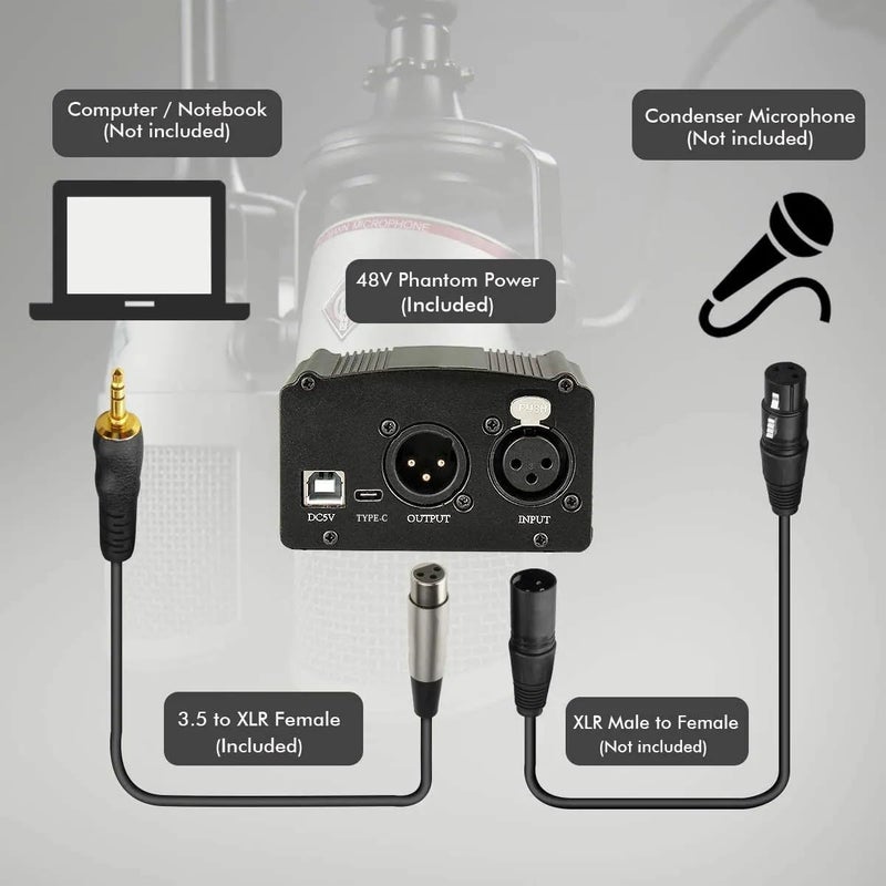 TechBlaze 48V Phantom Power Supply with XLR Cable –USB Powered Audio Interface for BM800 & All Condenser Microphones – Studio Recording Equipment for Podcasting, Voiceovers, YouTube, Music - Image 2