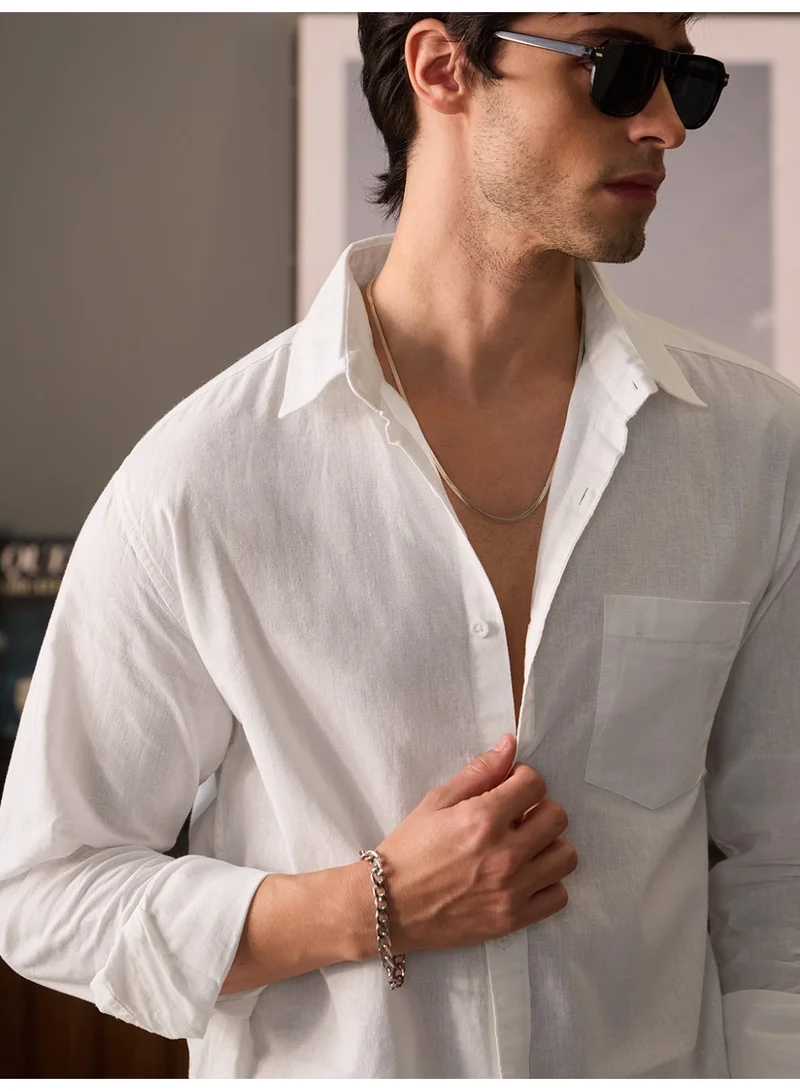 The Souled Store The Souled Store Men Pearl White Solid Regular Fit Cotton Linen Shirts