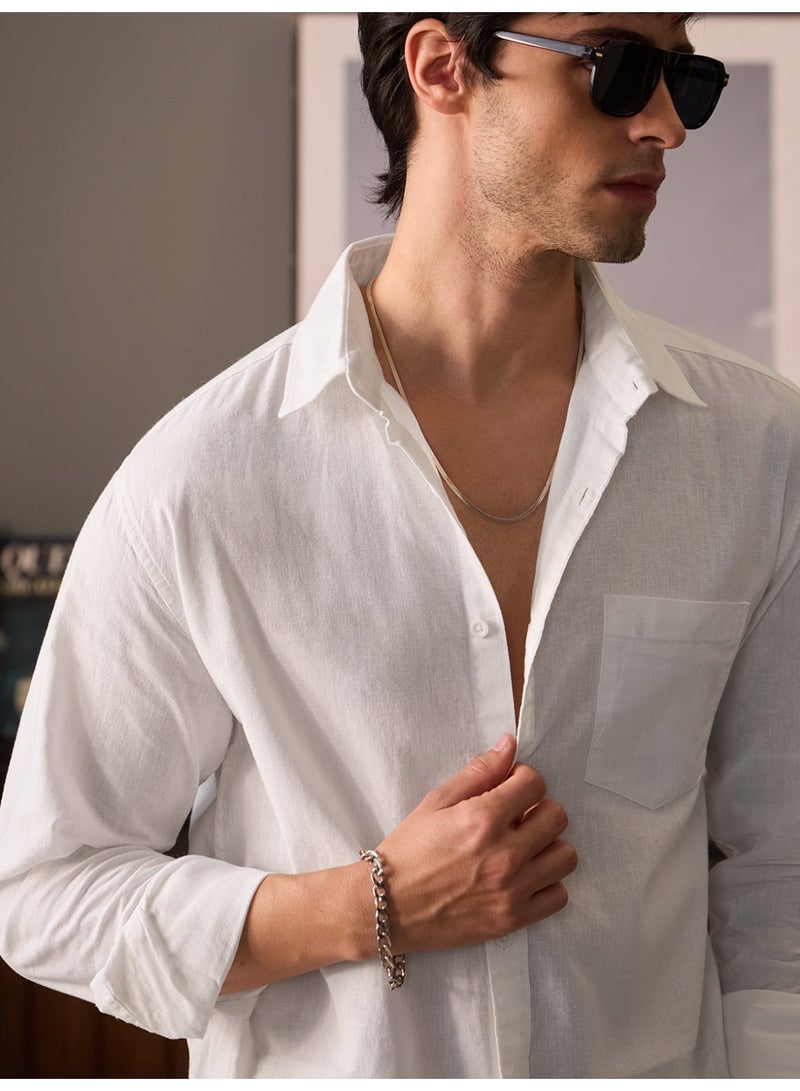 The Souled Store Men Pearl White Solid Regular Fit Cotton Linen Shirts - Image 2