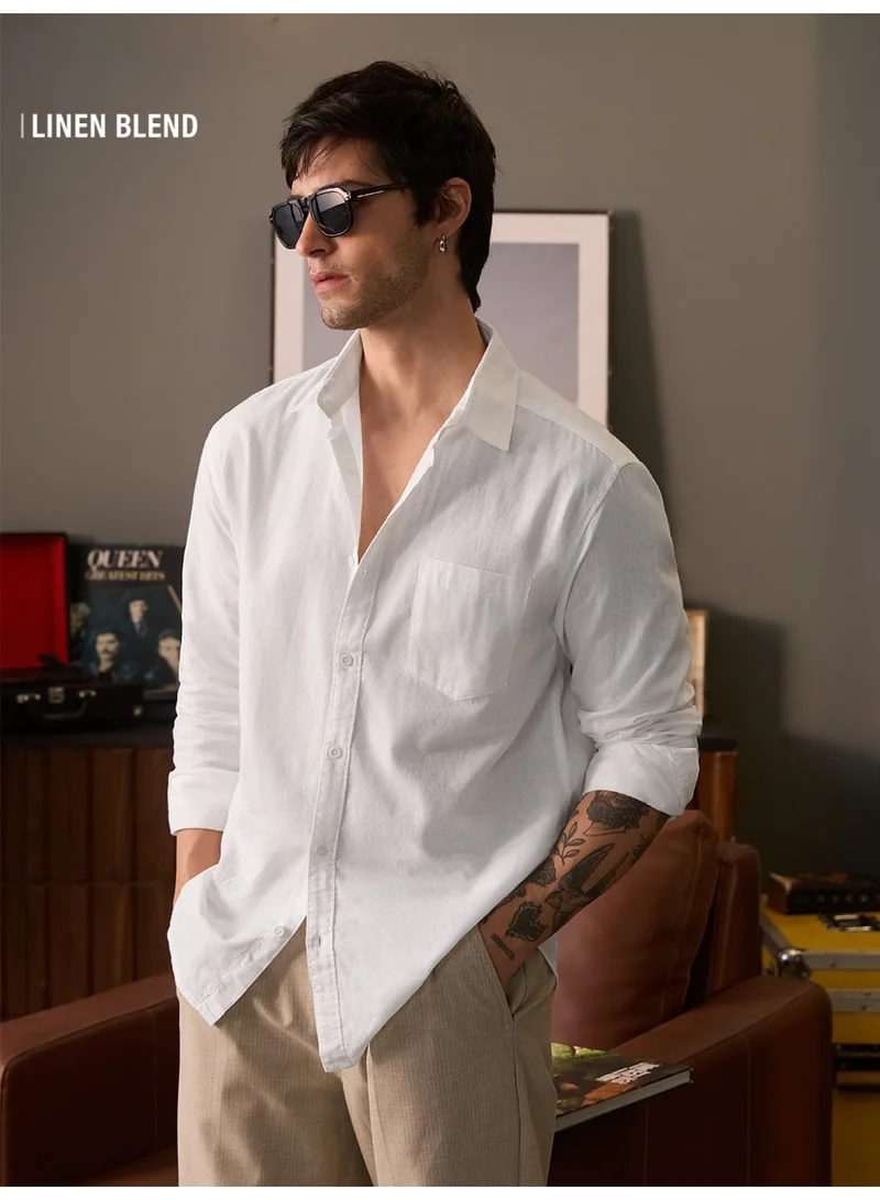 The Souled Store The Souled Store Men Pearl White Solid Regular Fit Cotton Linen Shirts