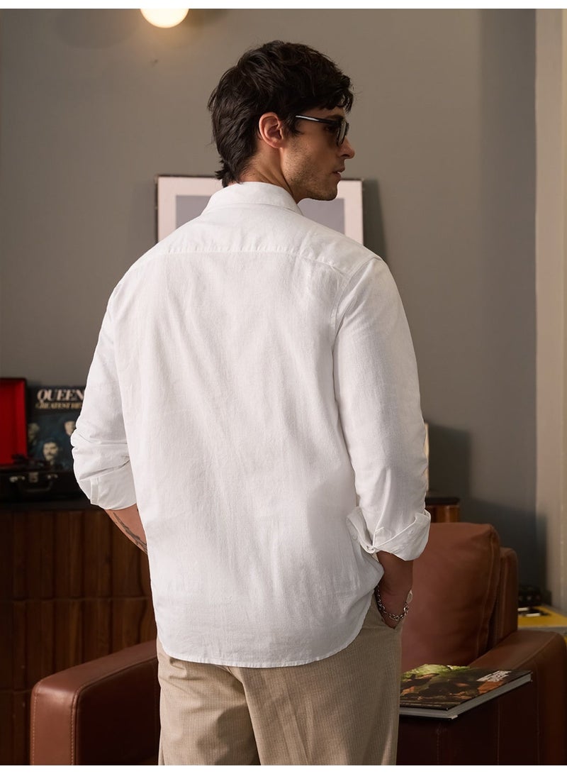 The Souled Store Men Pearl White Solid Regular Fit Cotton Linen Shirts - Image 4