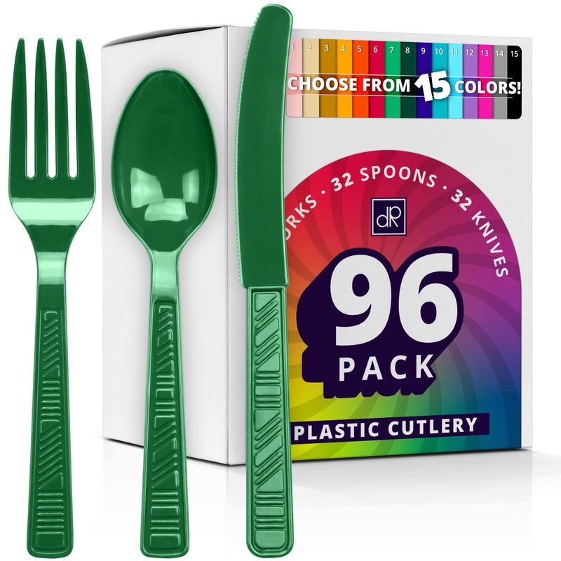 DecorRack Plastic Cutlery Set Green Colored Plastic Silverware Sets for Parties 96 Piece Bulk Heavy Duty Utensils Green 96 Pieces