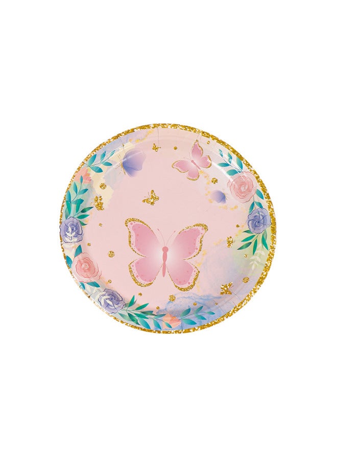 Butterfly Theme Party Disposable Tableware Paper Tray Suit Children's Birthday Flag-pulling Disposable Paper Tray Paper Cup Paper Towel-Color:10.6inch X Paper Packing Plate 2 - Image 1