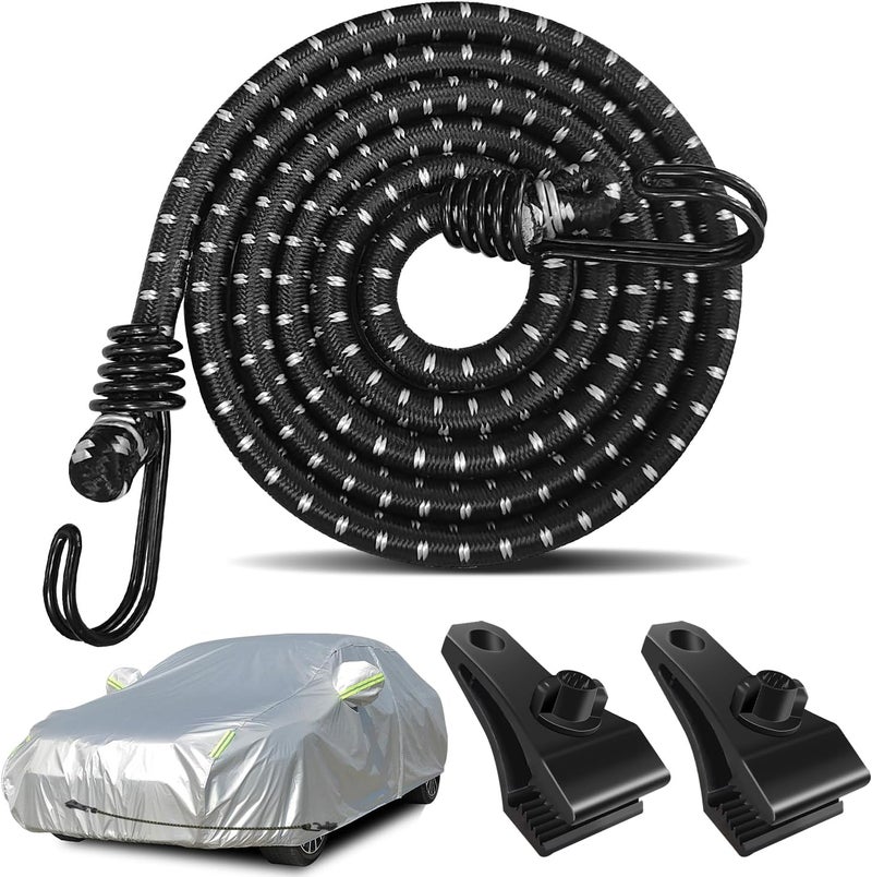 Hlogree Car Cover Gust Strap Wind Protector,Bungee Cords Hook Clips Kit Hold Tarp Tie Down from Blowing Off in High Winds-Universal Fit for Most Cars,Sedans,SUVs,Trucks,Vans and More-Black Globally popular elegant design - Image 1