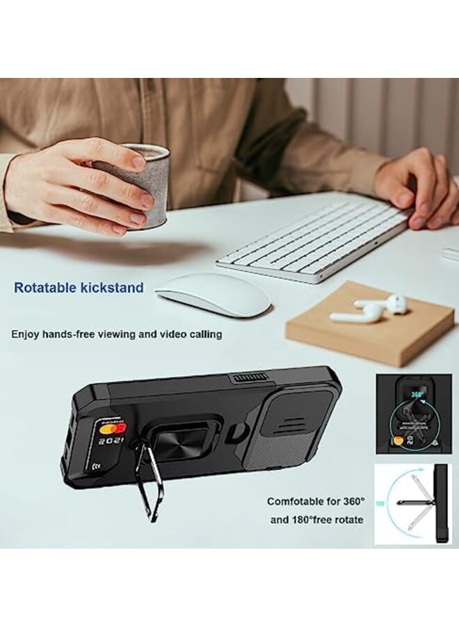 For Iphone 15 Pro Max Case With Card Holder And Slide Camera Cover 360 Degree Rotate Ring Kickstand Heavy Duty Protective Phone Case For Iphone 15 Pro Max Cover Black - Image 2