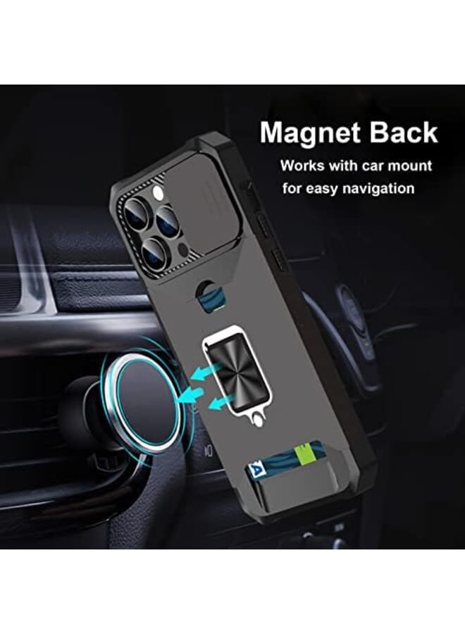 For Iphone 15 Pro Max Case With Card Holder And Slide Camera Cover 360 Degree Rotate Ring Kickstand Heavy Duty Protective Phone Case For Iphone 15 Pro Max Cover Black - Image 3