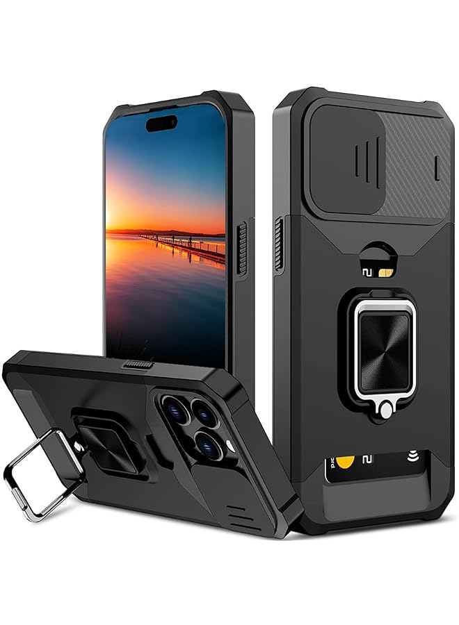 For Iphone 15 Pro Max Case With Card Holder And Slide Camera Cover 360 Degree Rotate Ring Kickstand Heavy Duty Protective Phone Case For Iphone 15 Pro Max Cover Black - Image 1