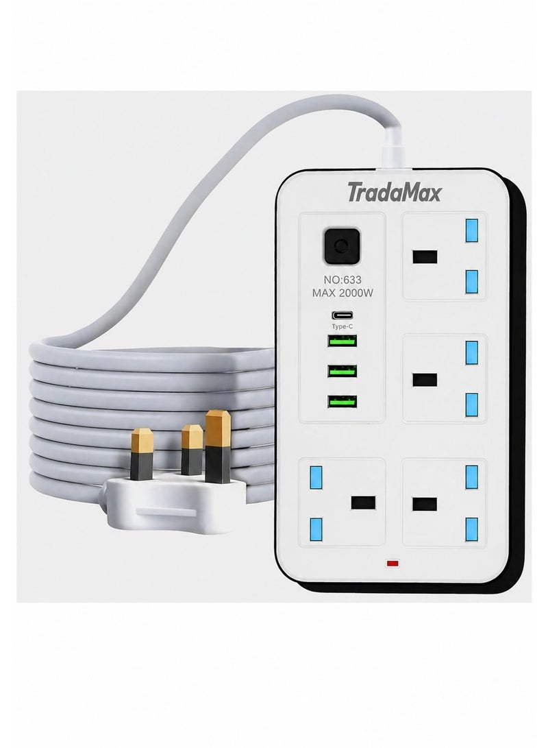 تراداماكس شريط تمديد كهربائي 8 في 1 – 2000 واط | 4 مقابس عالمية + 3 منافذ USB + منفذ PD Type-C للشحن السريع لا توجد أيّ تعليقات حتى الآن. - Image 1