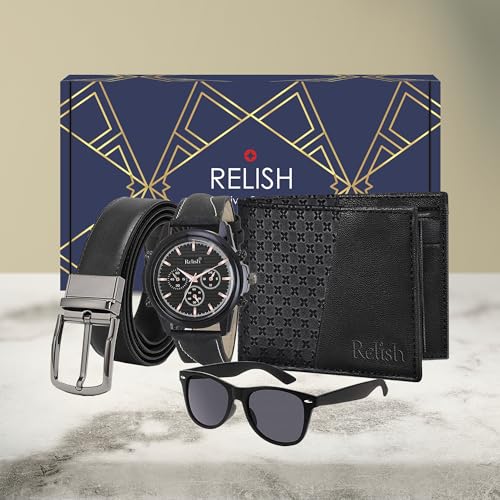 Relish Gift Combo Box Analog Silicone Strap Watch, Black Wallet, Black Belt and Sunglasses - Image 2
