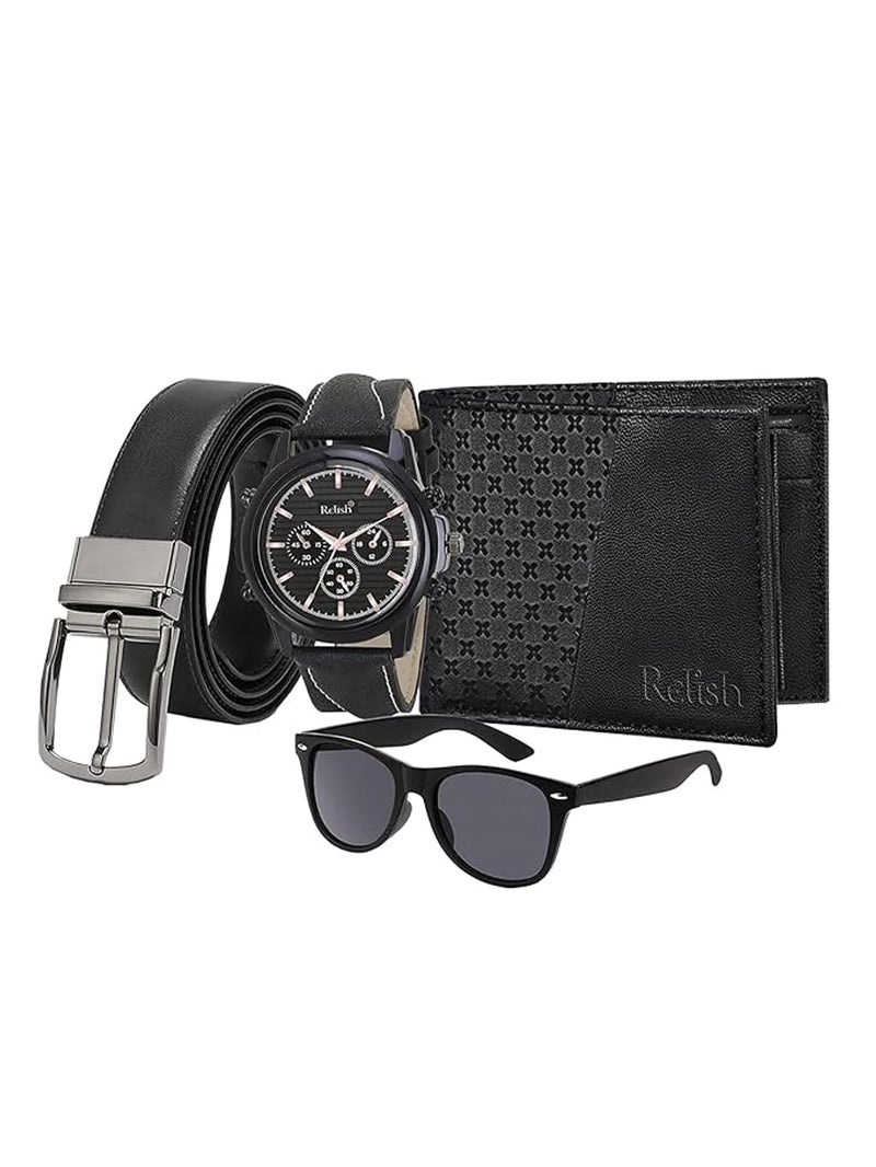 Relish Gift Combo Box Analog Silicone Strap Watch, Black Wallet, Black Belt and Sunglasses - Image 1