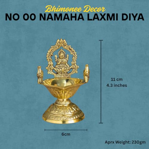 Bhimonee Decor Brass Lakshmi Deepam | Traditional Gold Polish Oil Lamp with Goddess Lakshmi Design | Diya for Mandir, Aarti, Home Décor & Festival Pooja - Image 2
