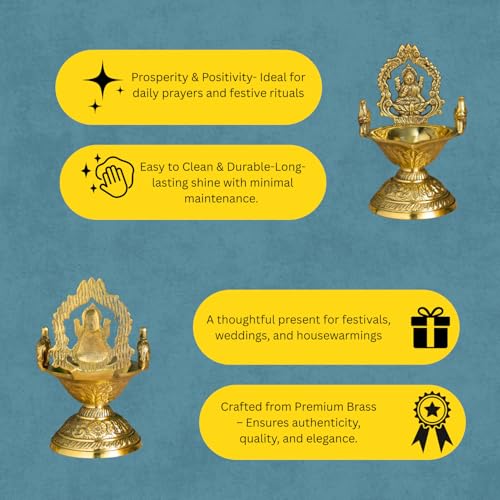 Bhimonee Decor Brass Lakshmi Deepam | Traditional Gold Polish Oil Lamp with Goddess Lakshmi Design | Diya for Mandir, Aarti, Home Décor & Festival Pooja - Image 4