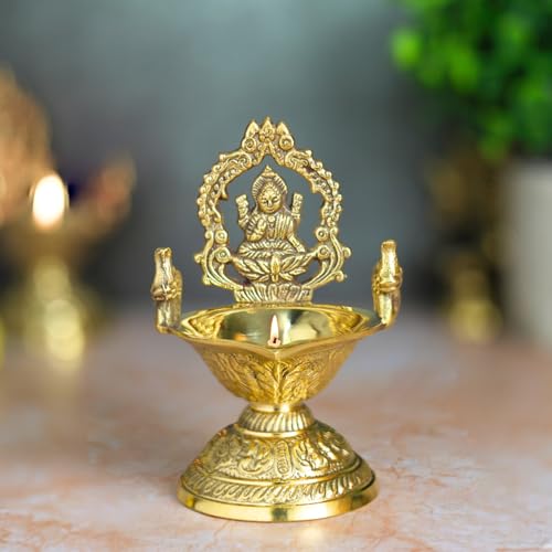 Bhimonee Decor Brass Lakshmi Deepam | Traditional Gold Polish Oil Lamp with Goddess Lakshmi Design | Diya for Mandir, Aarti, Home Décor & Festival Pooja - Image 1