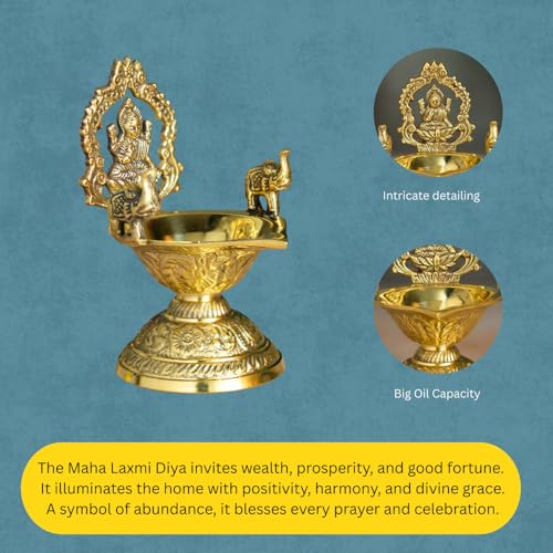 Bhimonee Decor Brass Lakshmi Deepam | Traditional Gold Polish Oil Lamp with Goddess Lakshmi Design | Diya for Mandir, Aarti, Home Décor & Festival Pooja - Image 3