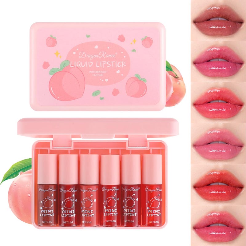 Eakroo 6 Colors Peach Lip Tint Stain Set, Korean Lip Tint Lip Stain Lip Gloss Mini Liquid Lipstick Set, Multi-Use Lip and Cheek Tint, Long Lasting, Waterproof, High Pigment, Vivid Color, Lip Tint Makeup - Image 1