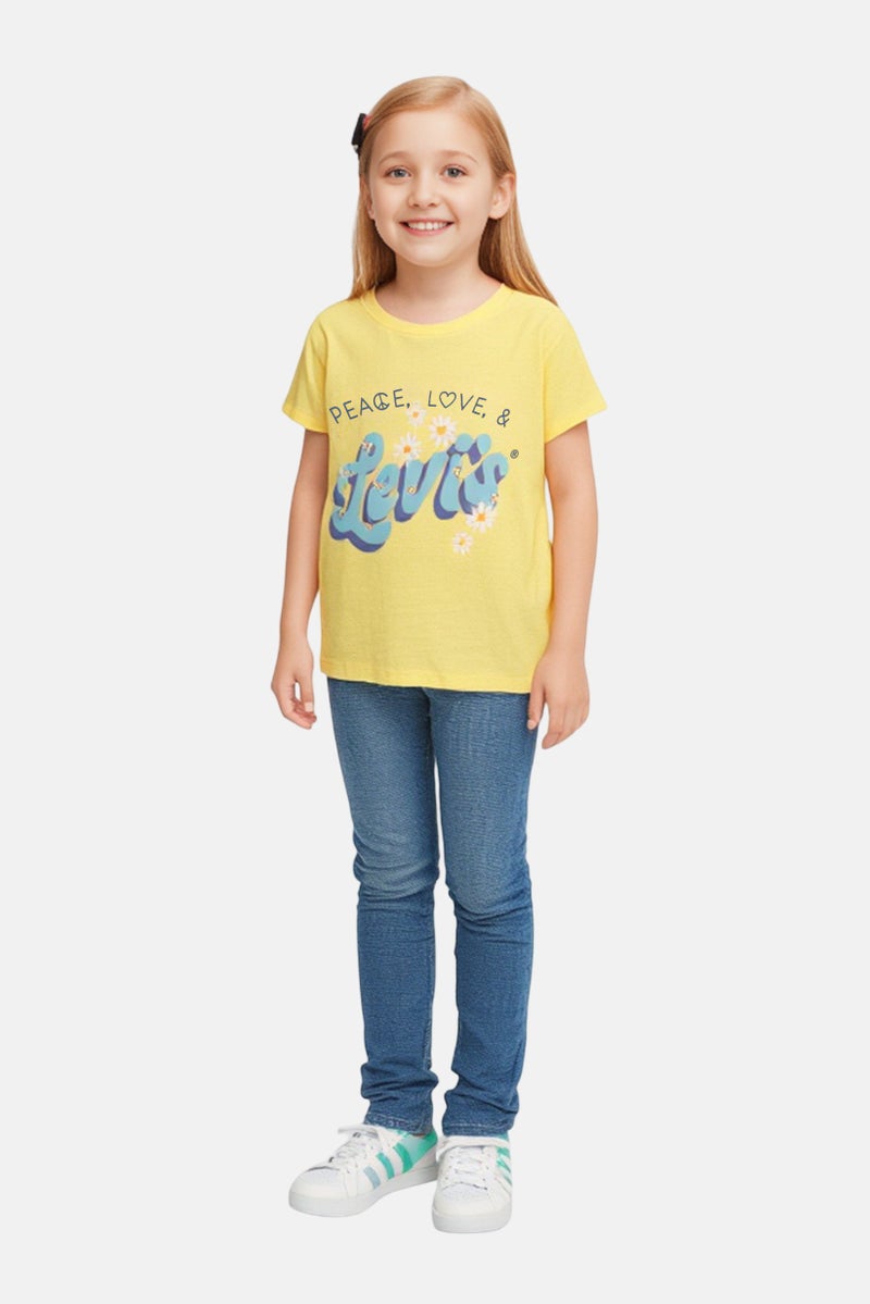Levi's Kids Girl 2 Pcs Round Neck Short Sleeves Graphic Print Tops With Scrunchies, Yellow - Image 1