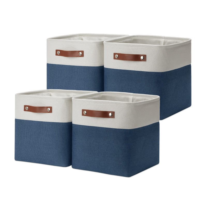 DULLEMELO Set of 4 Storage Cubes Baskets for Organizing 11 x 11 x 11 inch Cube Storage Organizer Bins with Leather Handles Foldable Fabric Cloth Bins for Cube Storage4 Pack  11 WhiteBlue