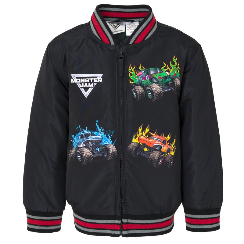 Monster Jam Grave Digger El Toro Loco Megalodon Little Boys Zip Up Varsity Bomber Jacket Black 78 - Image 2