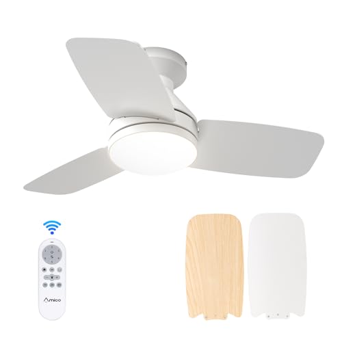 Amico Ceiling Fans with Lights, 30 inch Low Profile Ceiling fan with Light and Remote Control, Flush Mount, Reversible, 3CCT, Dimmable, Noiseless, White Ceiling Fan for Bedroom, Indoor/Outdoor Use - Image 1