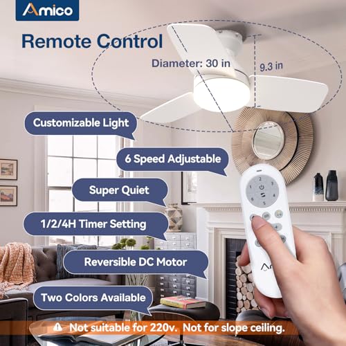 Amico Ceiling Fans with Lights, 30 inch Low Profile Ceiling fan with Light and Remote Control, Flush Mount, Reversible, 3CCT, Dimmable, Noiseless, White Ceiling Fan for Bedroom, Indoor/Outdoor Use - Image 2