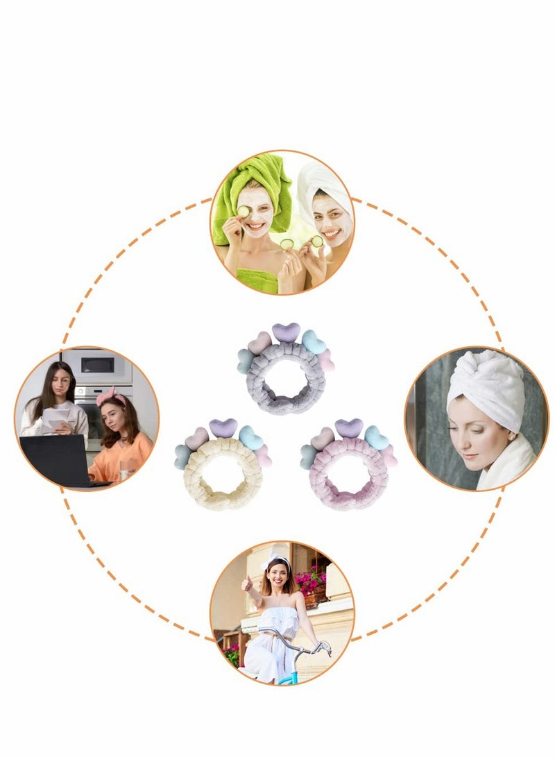 Excefore Spa Headband, 3 Pcs Heart Shape Hair Band Women Facial Makeup Head Soft Coral Fleece Wraps, for or Girls Washing Face Shower Sports Beauty Skincare(Purple, Grey, Cream Yellow) - Image 4