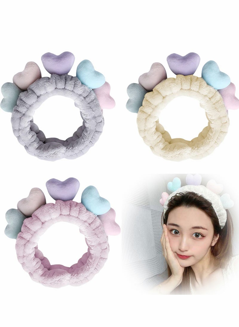 Excefore Spa Headband, 3 Pcs Heart Shape Hair Band Women Facial Makeup Head Soft Coral Fleece Wraps, for or Girls Washing Face Shower Sports Beauty Skincare(Purple, Grey, Cream Yellow) - Image 1