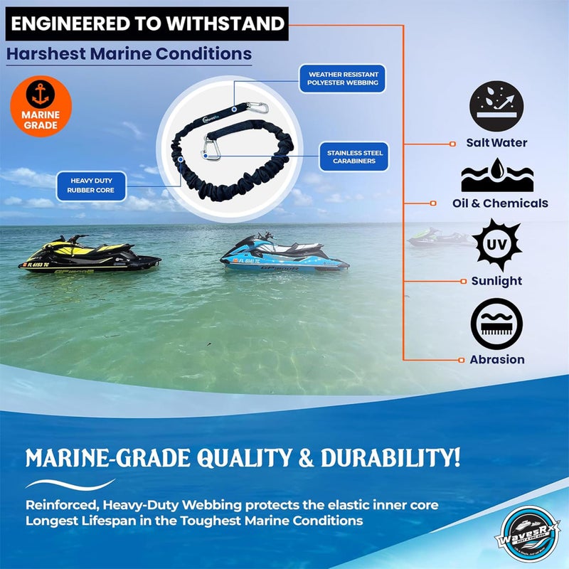 WAVESRX DockingPal - Premium Flat Bungee Dock Lines for Boats I Elastic Boat Dock Rope with Stainless Steel Carabiners | Stretches from 3' to 5' | Absorbs Shocks Prevent Damage to Jet Ski & PWC - Image 5