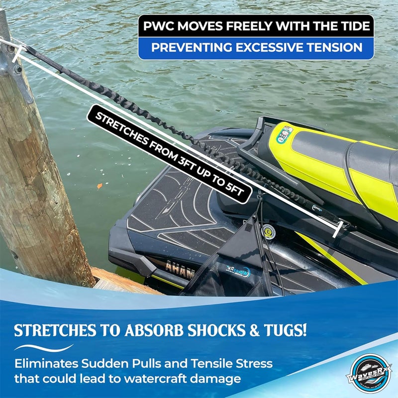 WAVESRX DockingPal - Premium Flat Bungee Dock Lines for Boats I Elastic Boat Dock Rope with Stainless Steel Carabiners | Stretches from 3' to 5' | Absorbs Shocks Prevent Damage to Jet Ski & PWC - Image 3