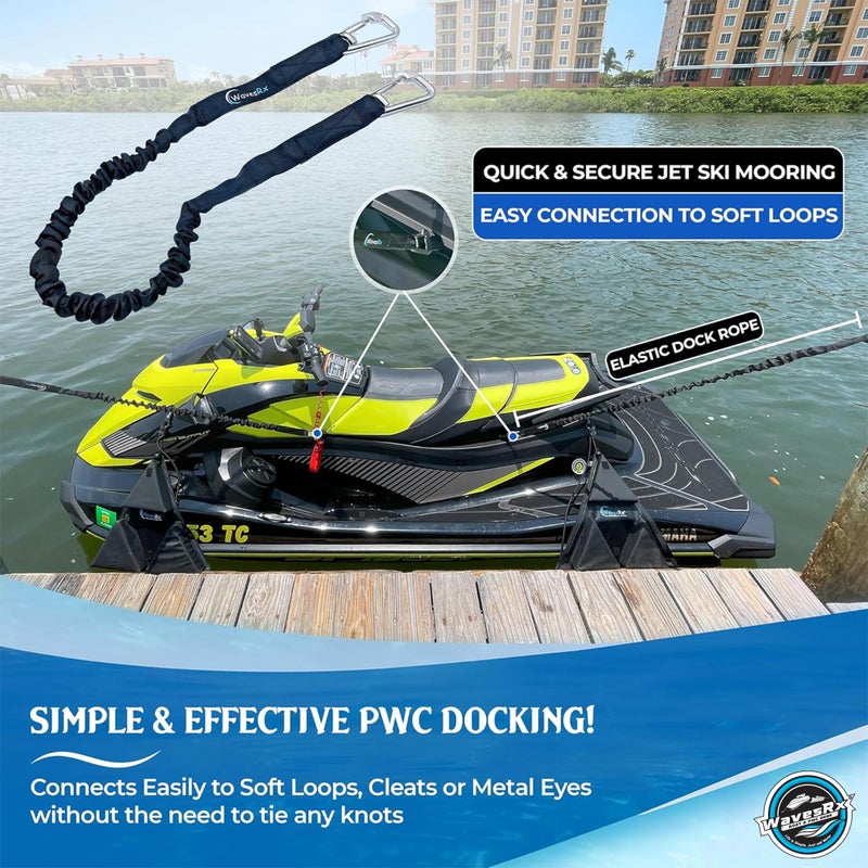 WAVESRX DockingPal - Premium Flat Bungee Dock Lines for Boats I Elastic Boat Dock Rope with Stainless Steel Carabiners | Stretches from 3' to 5' | Absorbs Shocks Prevent Damage to Jet Ski & PWC - Image 2