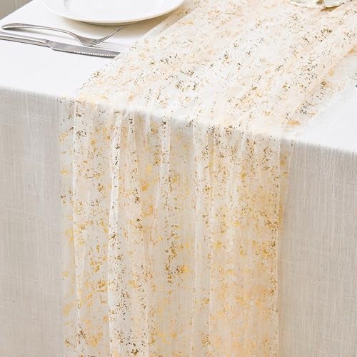 YLUSUJAKX 6 Packs Gold Table Runners 10 Ft, Sheer Cheese Cloth Tulle Birthday Decorations, Gold Foil Sequin Table Decoration Centerpiece for Party Birthday Wedding Anniversary Christmas - Image 1