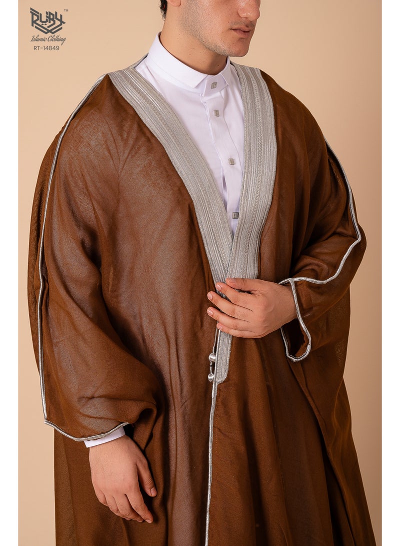 RUBY ISLAMIC CLOTHING Men's Bisht Robe Muslim Clothes Kimono Loose Abaya Dresses Long Sleeve Embroidered Chiffon Kaftan Casual Formal Dubai Thobe - Image 3