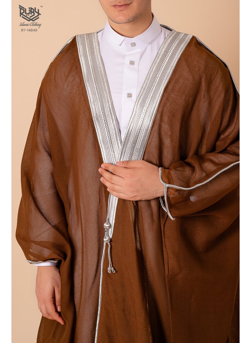 RUBY ISLAMIC CLOTHING Men's Bisht Robe Muslim Clothes Kimono Loose Abaya Dresses Long Sleeve Embroidered Chiffon Kaftan Casual Formal Dubai Thobe - Image 4
