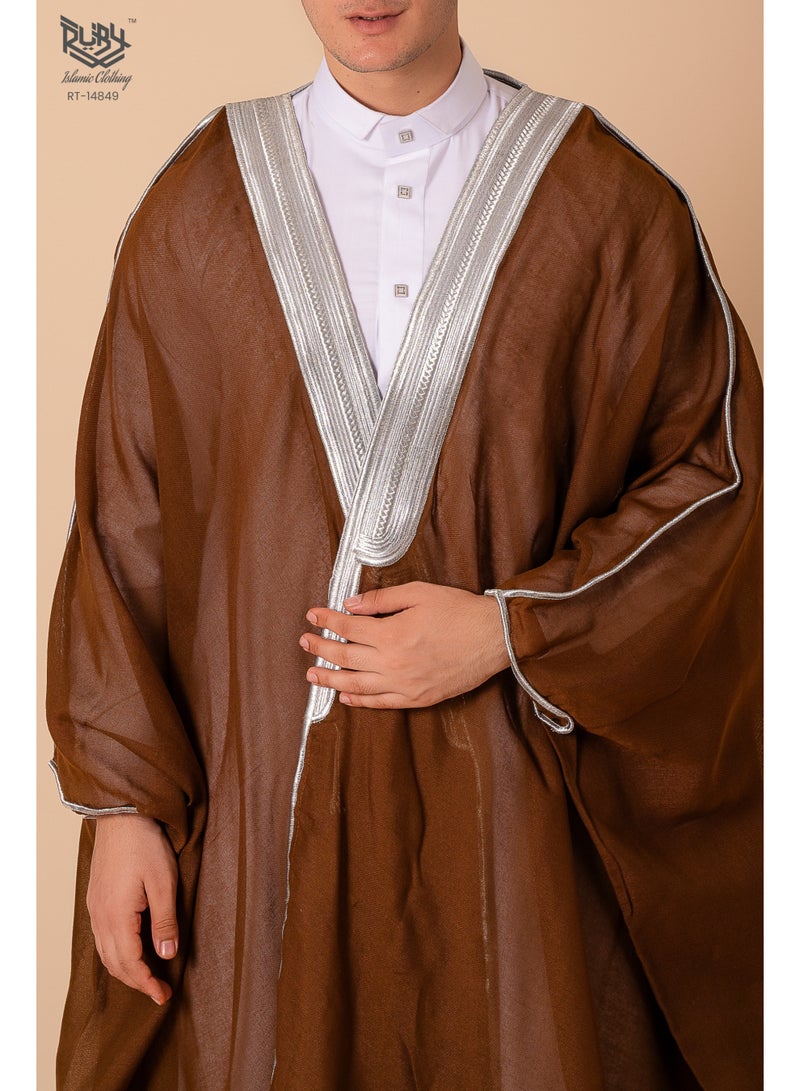 RUBY ISLAMIC CLOTHING Men's Bisht Robe Muslim Clothes Kimono Loose Abaya Dresses Long Sleeve Embroidered Chiffon Kaftan Casual Formal Dubai Thobe - Image 1