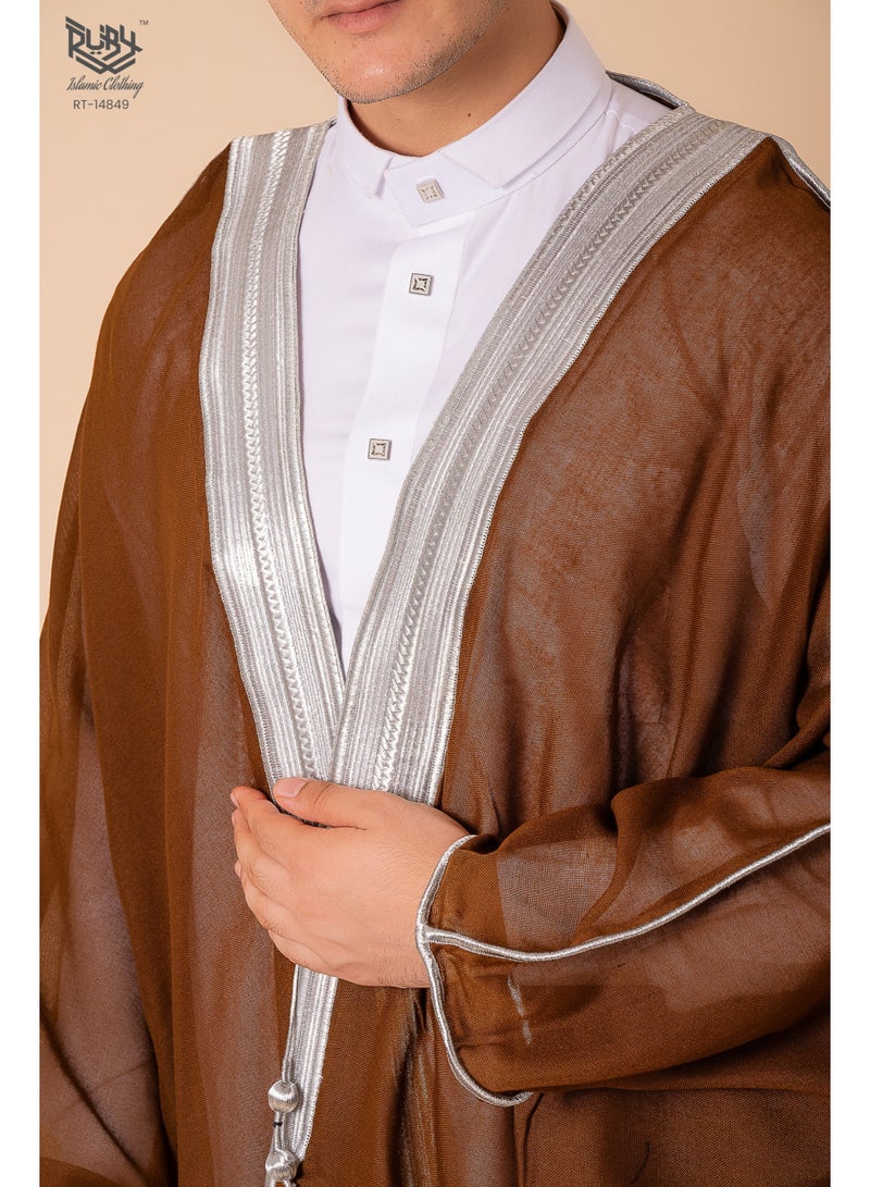 RUBY ISLAMIC CLOTHING Men's Bisht Robe Muslim Clothes Kimono Loose Abaya Dresses Long Sleeve Embroidered Chiffon Kaftan Casual Formal Dubai Thobe - Image 5