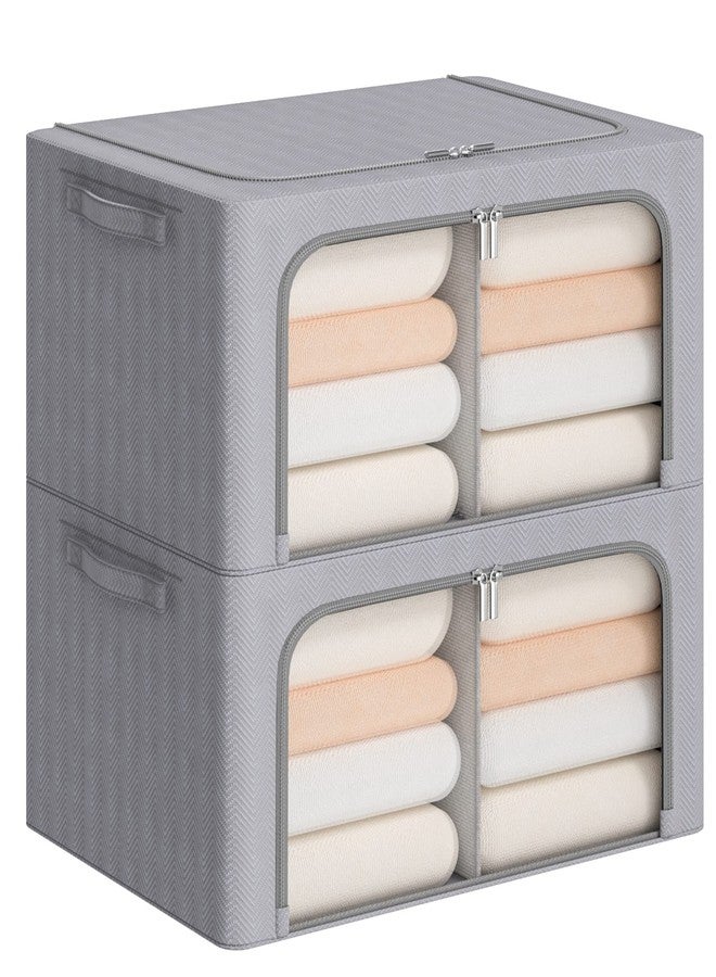 FHSQX Foldable Clothes Storage Bins 2 Pack, Stackable Metal Frame Clothing Storage Box, Oxford Fabric Organizer Set with Clear Windows&Sturdy Carry Handles(22L,Light Grey) - Image 1