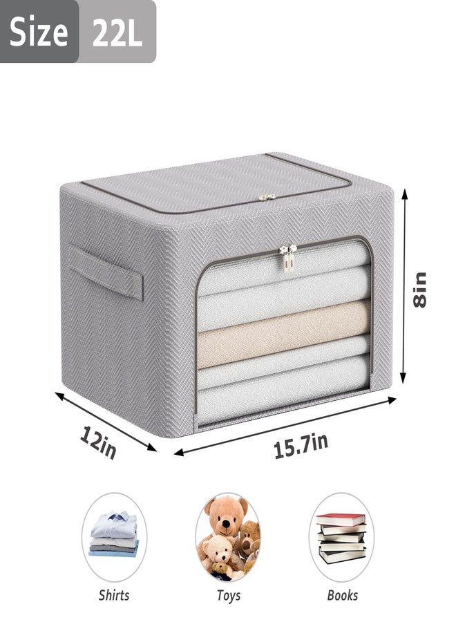 FHSQX Foldable Clothes Storage Bins 2 Pack, Stackable Metal Frame Clothing Storage Box, Oxford Fabric Organizer Set with Clear Windows&Sturdy Carry Handles(22L,Light Grey) - Image 5