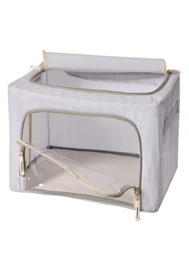 FHSQX Foldable Clothes Storage Bins 2 Pack, Stackable Metal Frame Clothing Storage Box, Oxford Fabric Organizer Set with Clear Windows&Sturdy Carry Handles(22L,Light Grey) - Image 2