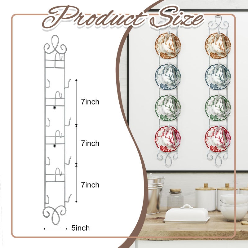 Blulu 2 Pcs Wall Mounted Tea Cup & Saucer Display Rack, 4-tier Metal Mug Holder with Plate Hangers, Decorative Wall Storage for Kitchen, Gift&Coffee Bar Display, 36'' x 5'' (White) - Image 2