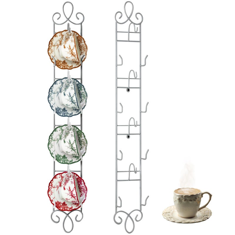 Blulu 2 Pcs Wall Mounted Tea Cup & Saucer Display Rack, 4-tier Metal Mug Holder with Plate Hangers, Decorative Wall Storage for Kitchen, Gift&Coffee Bar Display, 36'' x 5'' (White) - Image 1