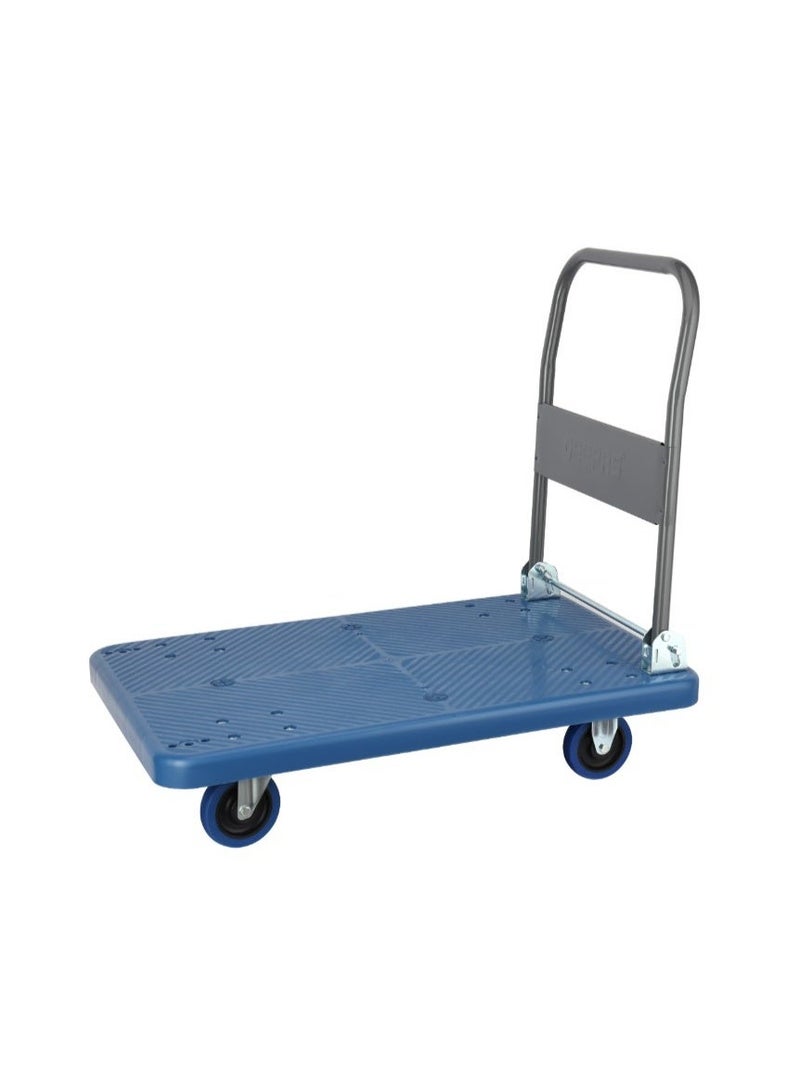 Geepas Platform Hand Truck- GMH59527/ 150 kg Maximum Load Capacity, Multi-Purpose Use/ Durable and Sturdy Steel Construction with 4" Mute Castor Wheels, Perfect for Lifting and Moving Things like Heavy Boxes, Cartons, Appliances, Tools, etc./ Blue and Silver - Image 1