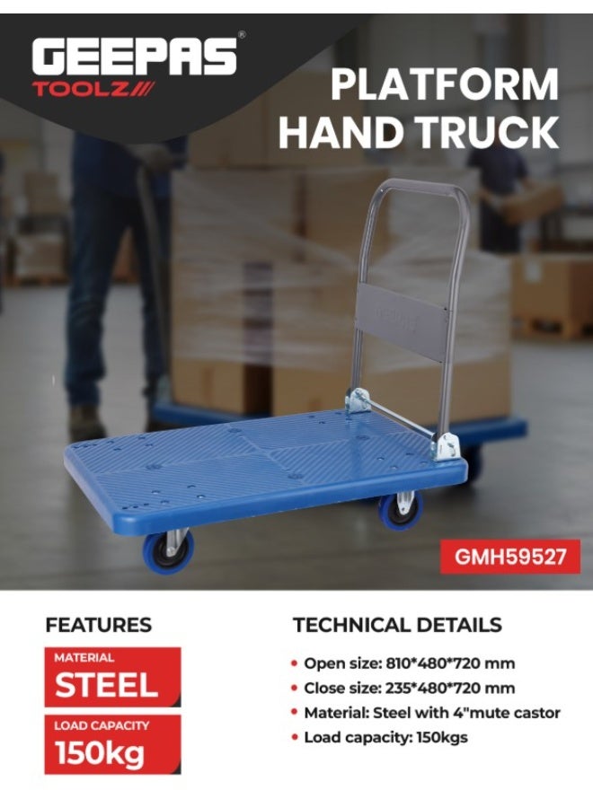 Geepas Platform Hand Truck- GMH59527/ 150 kg Maximum Load Capacity, Multi-Purpose Use/ Durable and Sturdy Steel Construction with 4" Mute Castor Wheels, Perfect for Lifting and Moving Things like Heavy Boxes, Cartons, Appliances, Tools, etc./ Blue and Silver - Image 5