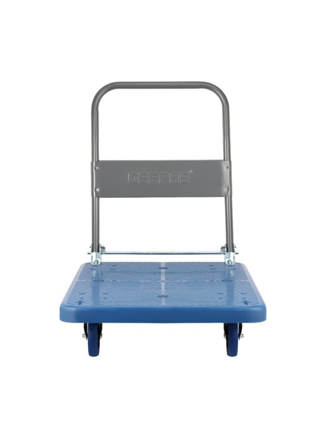 Geepas Platform Hand Truck- GMH59527/ 150 kg Maximum Load Capacity, Multi-Purpose Use/ Durable and Sturdy Steel Construction with 4" Mute Castor Wheels, Perfect for Lifting and Moving Things like Heavy Boxes, Cartons, Appliances, Tools, etc./ Blue and Silver - Image 4