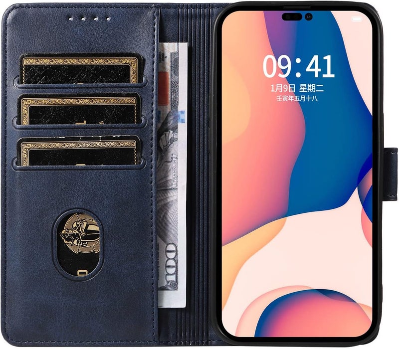 ريكنك حافظة RKINC لجهاز iPhone 13 Pro مع 3 فتحات للبطاقات من الجلد البولي يوريثان ومحفظة مغناطيسية قابلة للطي، حامل بطاقات وحامل قابل للطي وحماية من الصدمات من مادة TPU، لون أزرق بحري - Image 5