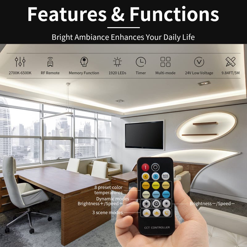 PAUTIX COB LED Strip Light White CCT Tunable 1920LEDs Super Bright,9.84ft Dimmable 2700K-6500K 24V LED Tape Light with UL-Listed Power Supply,for Under Cabinet Bedroom Kitchen TV Mirror DIY Lighting - Image 4