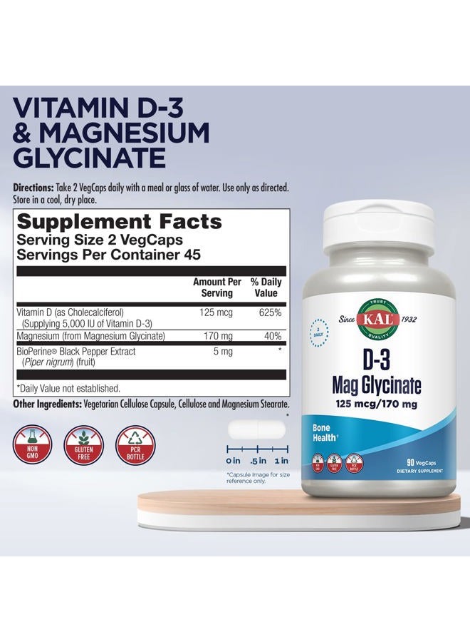 KAL Vitamin D3 & Magnesium Glycinate, Enhanced Absorption Formula with BioPerine, Muscle & Bone Health Support, Immune Support & More, Non-GMO, Gluten Free, 45 Servings, 90 VegCaps - Image 2