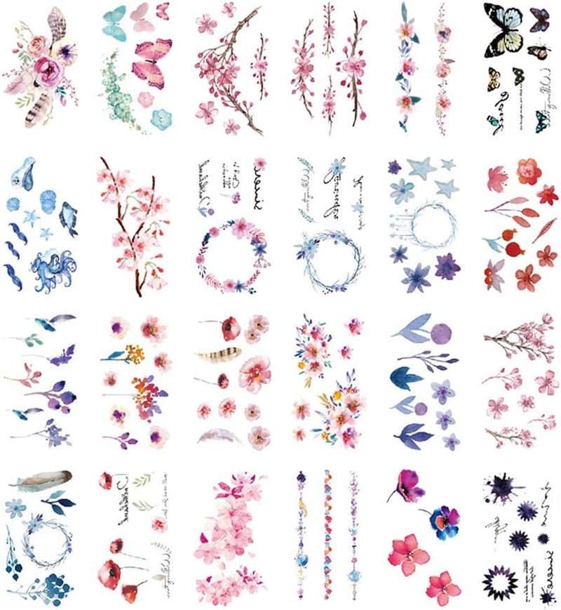 30 Sheets Cute Temporary Tattoos by Yesallwas Fake Tattoos Stickers for Kids Girls Teens Watercolor Cherry Blossoms Feathers Butterflies Garland Dolphin Designs